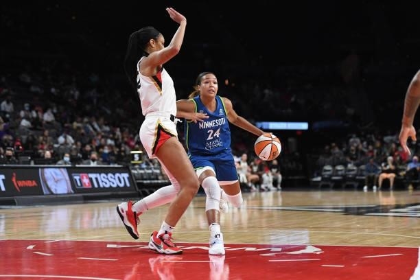 Napheesa Collier of the Minnesota Lynx drives to the basket against the Las Vegas Aces on September 8, 2021 at the Michelob ULTRA Arena in Las Vegas,...