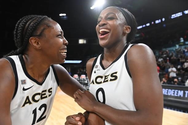 Chelsea Gray of the Las Vegas Aces and Jackie Young smile after the game against the Minnesota Lynx on September 8, 2021 at the Michelob ULTRA Arena...