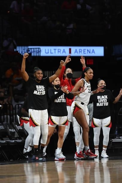 The Las Vegas Aces celebrate during the game against the Minnesota Lynx on September 8, 2021 at the Michelob ULTRA Arena in Las Vegas, Nevada. NOTE...