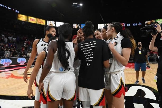 The Las Vegas Aces huddle up after the game against the Minnesota Lynx on September 8, 2021 at the Michelob ULTRA Arena in Las Vegas, Nevada. NOTE TO...