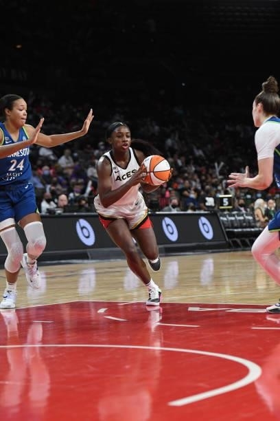 Jackie Young of the Las Vegas Aces drives to the basket against the Minnesota Lynx on September 8, 2021 at the Michelob ULTRA Arena in Las Vegas,...