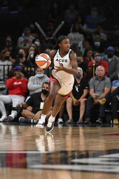 Jackie Young of the Las Vegas Aces handles the ball during the game against the Minnesota Lynx on September 8, 2021 at the Michelob ULTRA Arena in...
