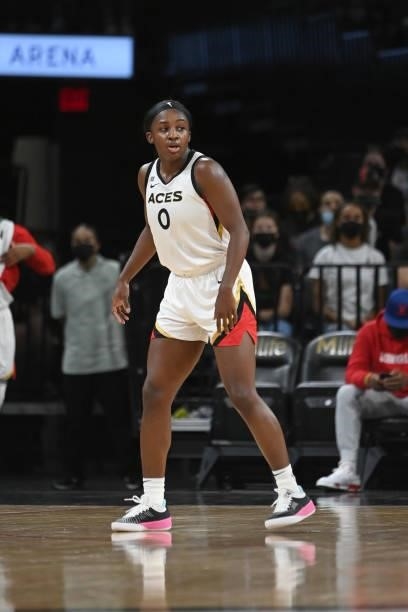 Jackie Young of the Las Vegas Aces looks on during the game against the Minnesota Lynx on September 8, 2021 at the Michelob ULTRA Arena in Las Vegas,...