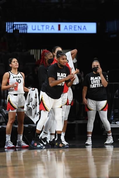 Angel McCoughtry of the Las Vegas Aces celebrates during the game against the Minnesota Lynx on September 8, 2021 at the Michelob ULTRA Arena in Las...