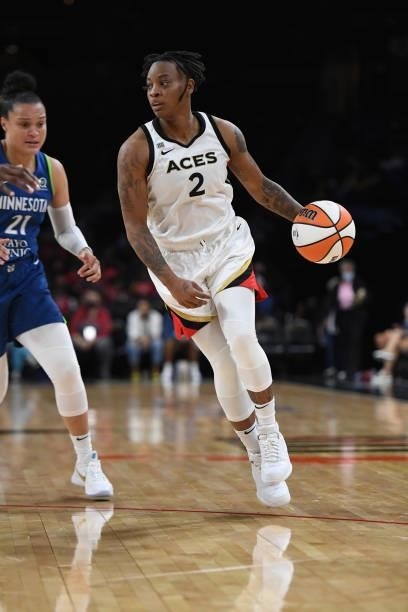 Riquna Williams of the Las Vegas Aces handles the ball during the game against the Minnesota Lynx on September 8, 2021 at the Michelob ULTRA Arena in...