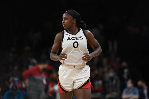 Jackie Young of the Las Vegas Aces looks on during the game against the Minnesota Lynx on September 8, 2021 at the Michelob ULTRA Arena in Las Vegas,...