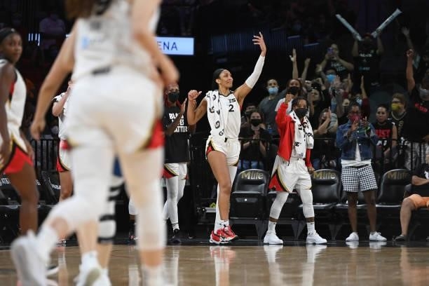Ja Wilson of the Las Vegas Aces celebrates during the game against the Minnesota Lynx on September 8, 2021 at the Michelob ULTRA Arena in Las Vegas,...