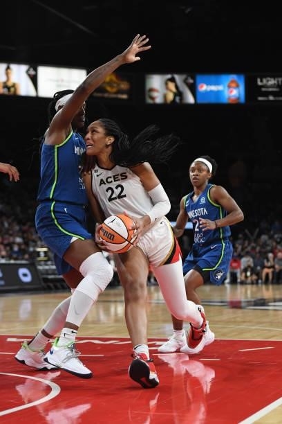Ja Wilson of the Las Vegas Aces drives to the basket against the Minnesota Lynx on September 8, 2021 at the Michelob ULTRA Arena in Las Vegas,...