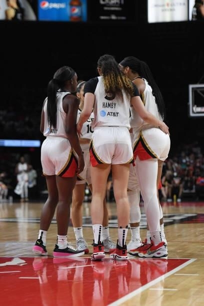 The Las Vegas Aces huddle up during the game against the Minnesota Lynx on September 8, 2021 at the Michelob ULTRA Arena in Las Vegas, Nevada. NOTE...