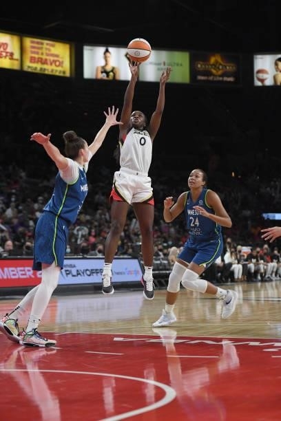 Jackie Young of the Las Vegas Aces shoots the ball against the Minnesota Lynx on September 8, 2021 at the Michelob ULTRA Arena in Las Vegas, Nevada....
