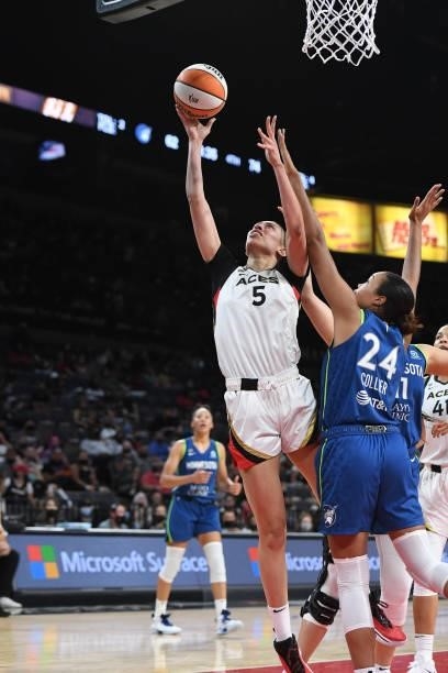 Dearica Hamby of the Las Vegas Aces drives to the basket against the Minnesota Lynx on September 8, 2021 at the Michelob ULTRA Arena in Las Vegas,...