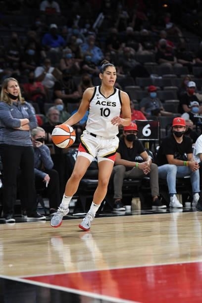 Kelsey Plum of the Las Vegas Aces handles the ball during the game against the Minnesota Lynx on September 8, 2021 at the Michelob ULTRA Arena in Las...