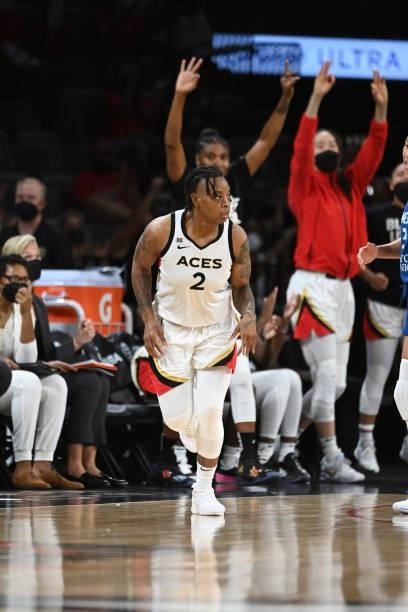 Riquna Williams of the Las Vegas Aces celebrates during the game against the Minnesota Lynx on September 8, 2021 at the Michelob ULTRA Arena in Las...