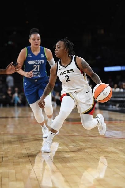 Riquna Williams of the Las Vegas Aces handles the ball during the game against the Minnesota Lynx on September 8, 2021 at the Michelob ULTRA Arena in...