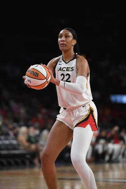 Ja Wilson of the Las Vegas Aces shoots a free throw against the Minnesota Lynx on September 8, 2021 at the Michelob ULTRA Arena in Las Vegas, Nevada....
