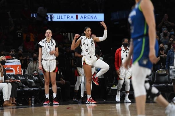 Ja Wilson of the Las Vegas Aces celebrates during the game against the Minnesota Lynx on September 8, 2021 at the Michelob ULTRA Arena in Las Vegas,...