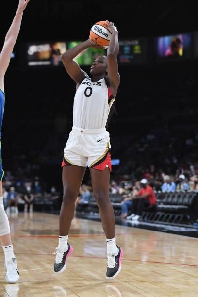 Jackie Young of the Las Vegas Aces shoots the ball during the game against the Minnesota Lynx on September 8, 2021 at the Michelob ULTRA Arena in Las...