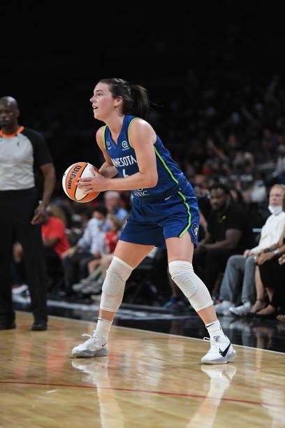 Bridget Carleton of the Minnesota Lynx handles the ball during the game against the Las Vegas Aces on September 8, 2021 at the Michelob ULTRA Arena...