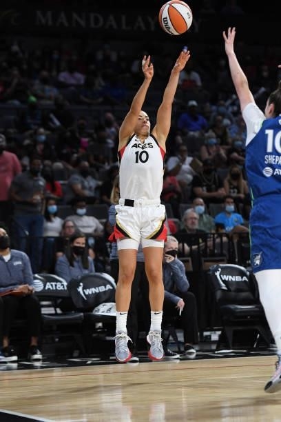 Kelsey Plum of the Las Vegas Aces shoots the ball against the Minnesota Lynx on September 8, 2021 at the Michelob ULTRA Arena in Las Vegas, Nevada....