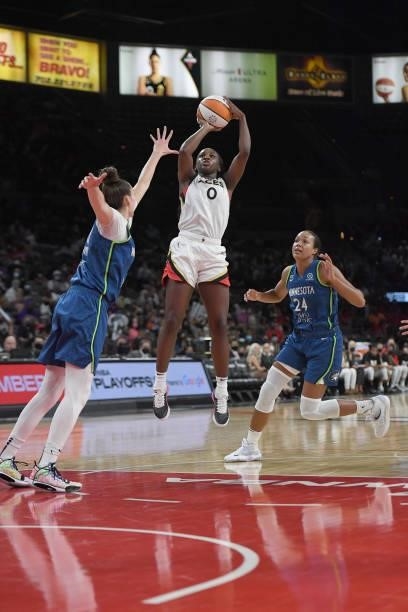 Jackie Young of the Las Vegas Aces shoots the ball against the Minnesota Lynx on September 8, 2021 at the Michelob ULTRA Arena in Las Vegas, Nevada....