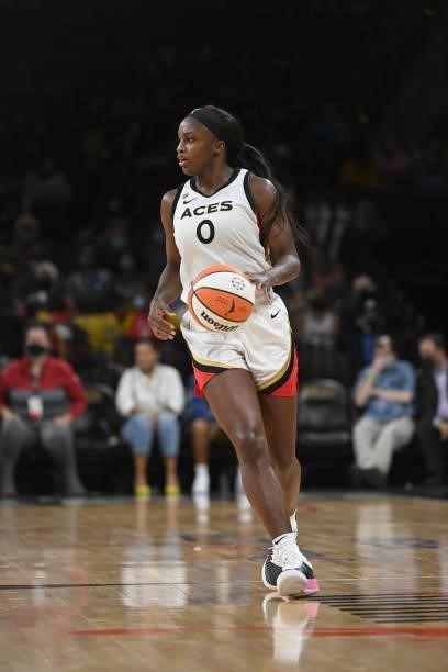 Jackie Young of the Las Vegas Aces handles the ball during the game against the Minnesota Lynx on September 8, 2021 at the Michelob ULTRA Arena in...