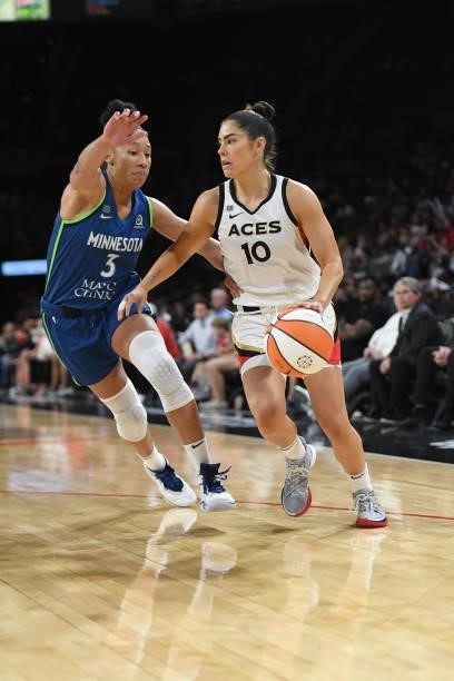 Aerial Powers of the Minnesota Lynx plays defense on Kelsey Plum of the Las Vegas Aces on September 8, 2021 at the Michelob ULTRA Arena in Las Vegas,...