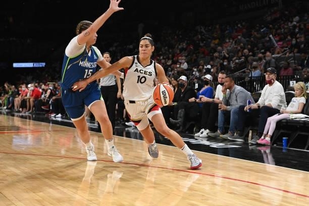 Kelsey Plum of the Las Vegas Aces handles the ball during the game against the Minnesota Lynx on September 8, 2021 at the Michelob ULTRA Arena in Las...