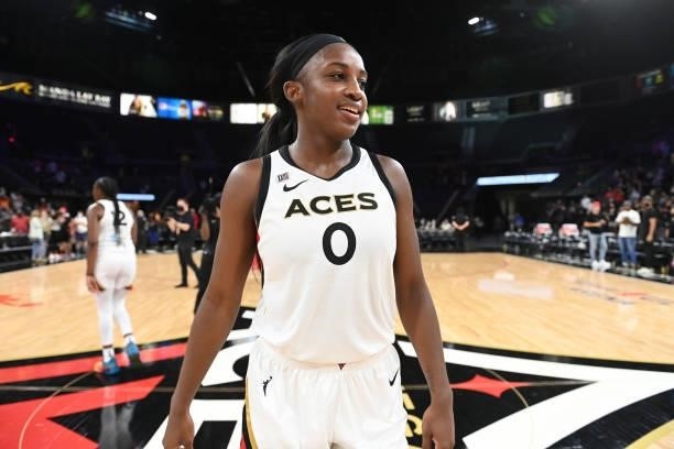 Jackie Young of the Las Vegas Aces smiles after the game against the Minnesota Lynx on September 8, 2021 at the Michelob ULTRA Arena in Las Vegas,...
