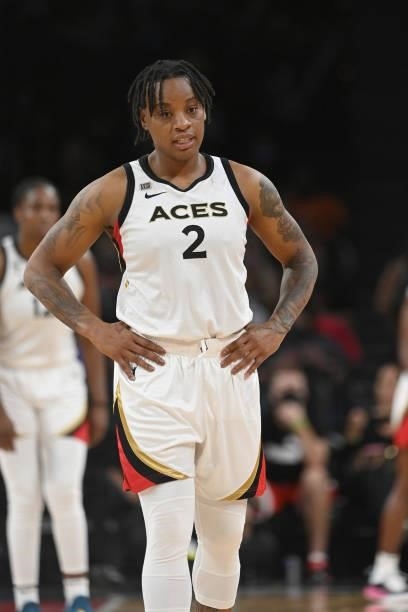 Riquna Williams of the Las Vegas Aces looks on during the game against the Minnesota Lynx on September 8, 2021 at the Michelob ULTRA Arena in Las...