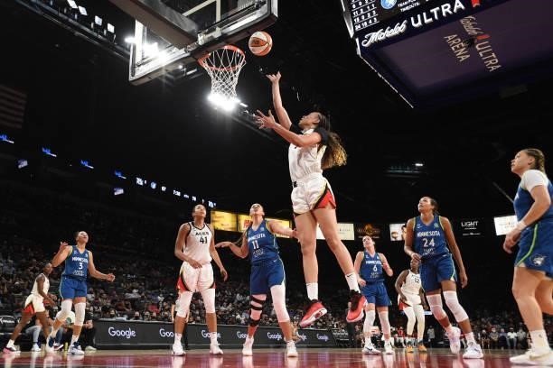 Dearica Hamby of the Las Vegas Aces shoots the ball during the game against the Minnesota Lynx on September 8, 2021 at the Michelob ULTRA Arena in...