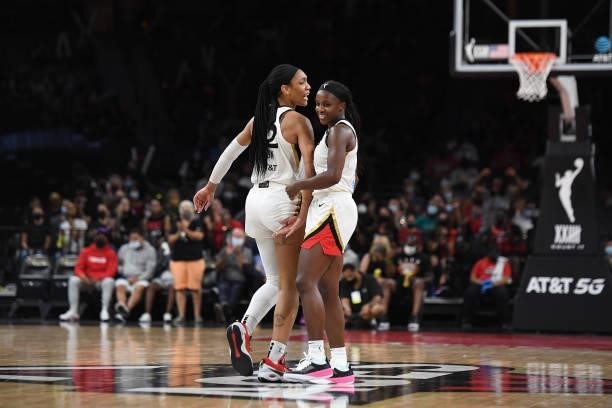 Ja Wilson of the Las Vegas Aces and Jackie Young celebrate during the game against the Minnesota Lynx on September 8, 2021 at the Michelob ULTRA...