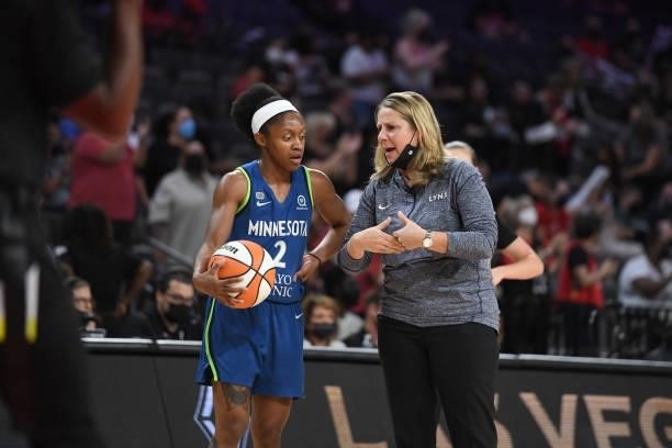Head Coach Cheryl Reeve of the Minnesota Lynx talks to Crystal Dangerfield of the Minnesota Lynx during the game against the Las Vegas Aces on...