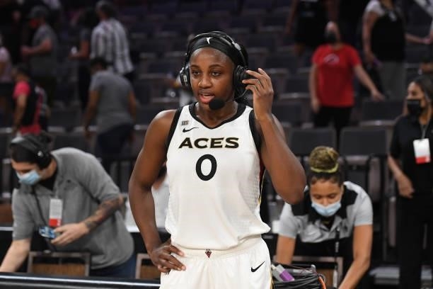 Jackie Young of the Las Vegas Aces talks to the media after the game against the Minnesota Lynx on September 8, 2021 at the Michelob ULTRA Arena in...