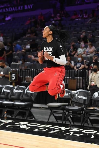 Ja Wilson of the Las Vegas Aces warms up before the game against the Minnesota Lynx on September 8, 2021 at the Michelob ULTRA Arena in Las Vegas,...