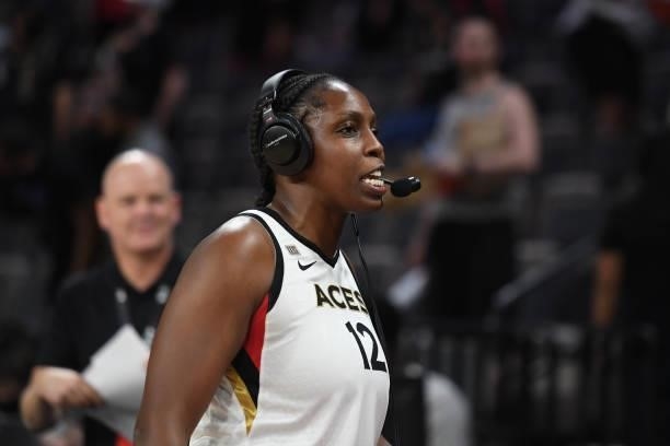 Chelsea Gray of the Las Vegas Aces talks to the media after the game against the Minnesota Lynx on September 8, 2021 at the Michelob ULTRA Arena in...