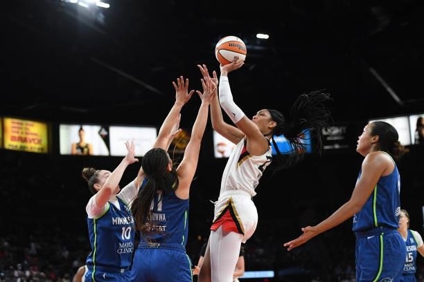 Ja Wilson of the Las Vegas Aces shoots the ball against the Minnesota Lynx on September 8, 2021 at the Michelob ULTRA Arena in Las Vegas, Nevada....