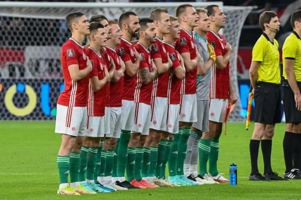 Hungary's players line up prior to the start of the FIFA World Cup Qatar 2022 qualification Group I football match between Hungary and Andorra, at...