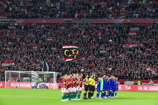 Andorra's players and Hungary's players line up prior to the start of the FIFA World Cup Qatar 2022 qualification Group I football match between...