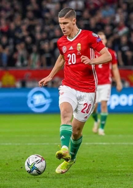 Hungary's forward Roland Sallai plays the ball during the FIFA World Cup Qatar 2022 qualification Group I football match between Hungary and Andorra,...
