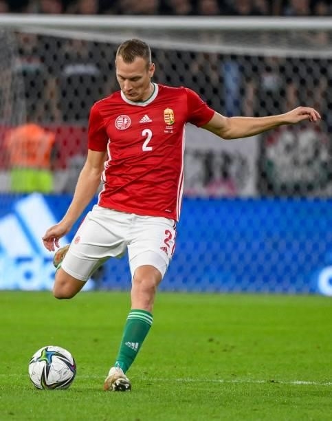Hungary's defender Adam Lang plays the ball during the FIFA World Cup Qatar 2022 qualification Group I football match between Hungary and Andorra, at...