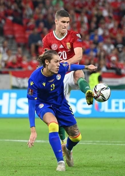 Hungary's forward Roland Sallai and Andorra's defender Albert Alavedra vie for the ball during the FIFA World Cup Qatar 2022 qualification Group I...