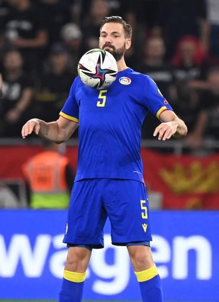 Andorra's defender Emili Garcia plays the ball during the FIFA World Cup Qatar 2022 qualification Group I football match between Hungary and Andorra,...