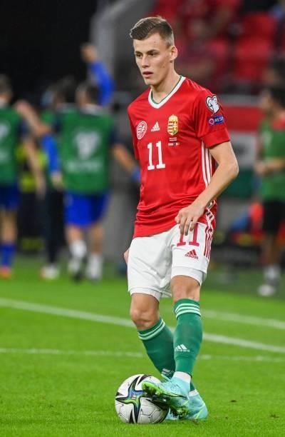 Hungary's forward Szabolcs Schon plays the ball during the FIFA World Cup Qatar 2022 qualification Group I football match between Hungary and...