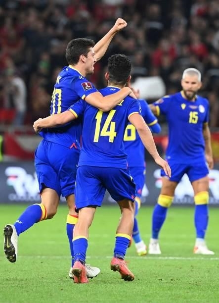 Andorra's defender Max Llovera celebrates his score with Andorra's forward Jordi Alaez during the FIFA World Cup Qatar 2022 qualification Group I...