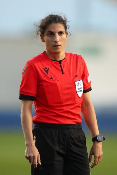 Referee Riem Hussein of Germany during the UEFA Women's Champions League fixture between Manchester City and Real Madrid at The Academy Stadium on...