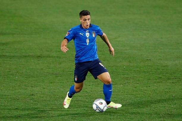 Giacomo Raspadori of Italy controls the ball during the 2022 FIFA World Cup Qualifier match between Italy and Lithuania at Mapei Stadium - Citta' del...