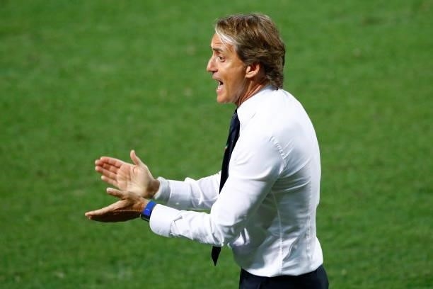 Head coach Roberto Mancini of Italy gestures during the 2022 FIFA World Cup Qualifier match between Italy and Lithuania at Mapei Stadium - Citta' del...