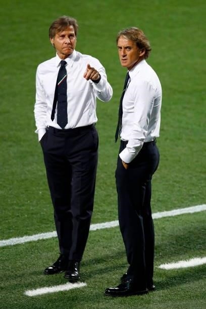 Team Manager Lele Oriali of Italy and Head coach Roberto Mancini of Italy look on prior to the 2022 FIFA World Cup Qualifier match between Italy and...