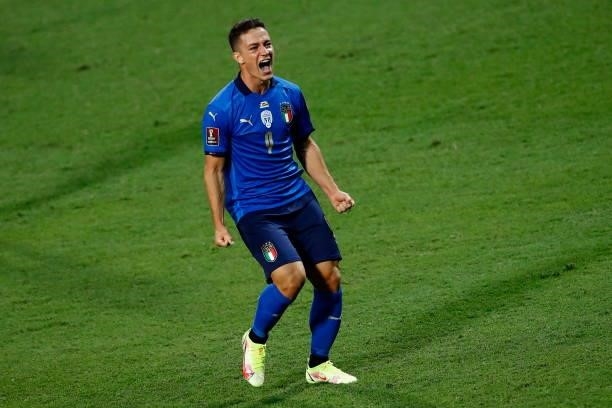 Giacomo Raspadori of Italy celebrates after scoring his team's third goal during the 2022 FIFA World Cup Qualifier match between Italy and Lithuania...