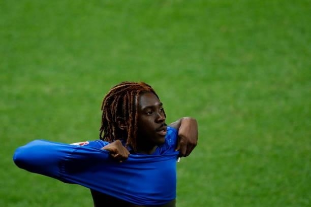 Moise Kean of Italy looks on during the 2022 FIFA World Cup Qualifier match between Italy and Lithuania at Mapei Stadium - Citta' del Tricolore on...